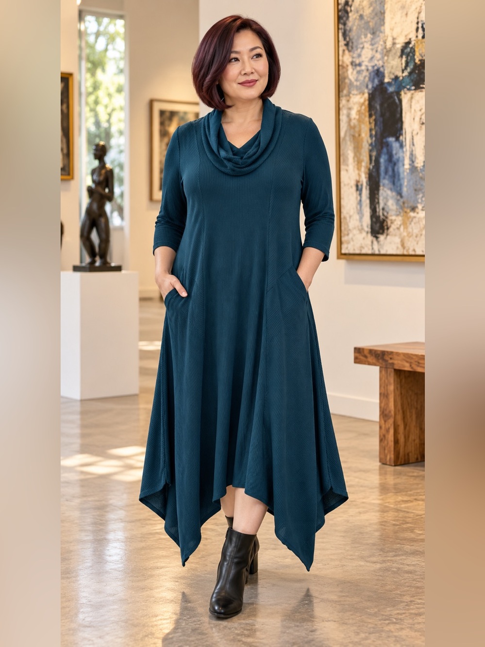 Signature by Robbie Bee 1X Teal Ribbed Cowl Neck Handkerchief Maxi Dress